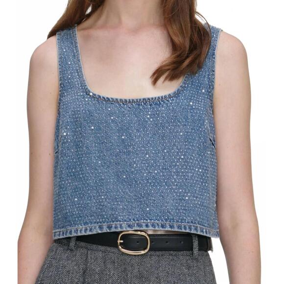 NEW SELF-PORTRAIT rhinestone denim crop top in blue